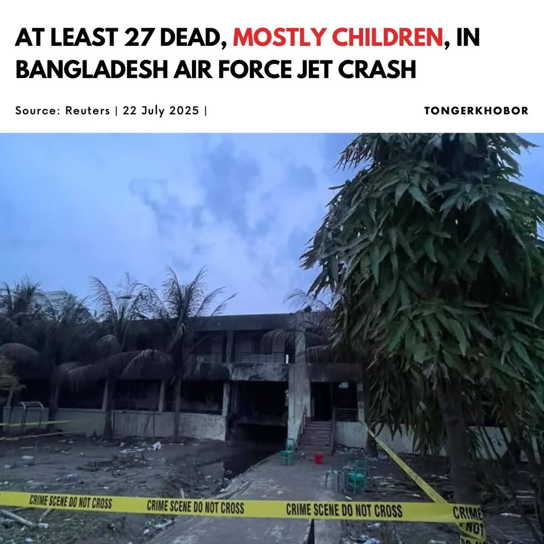 At least 25 children were among the 27 dead pulled from scorched buildings after a Bangladesh Air Force jet on a training mission crashed into a colle...