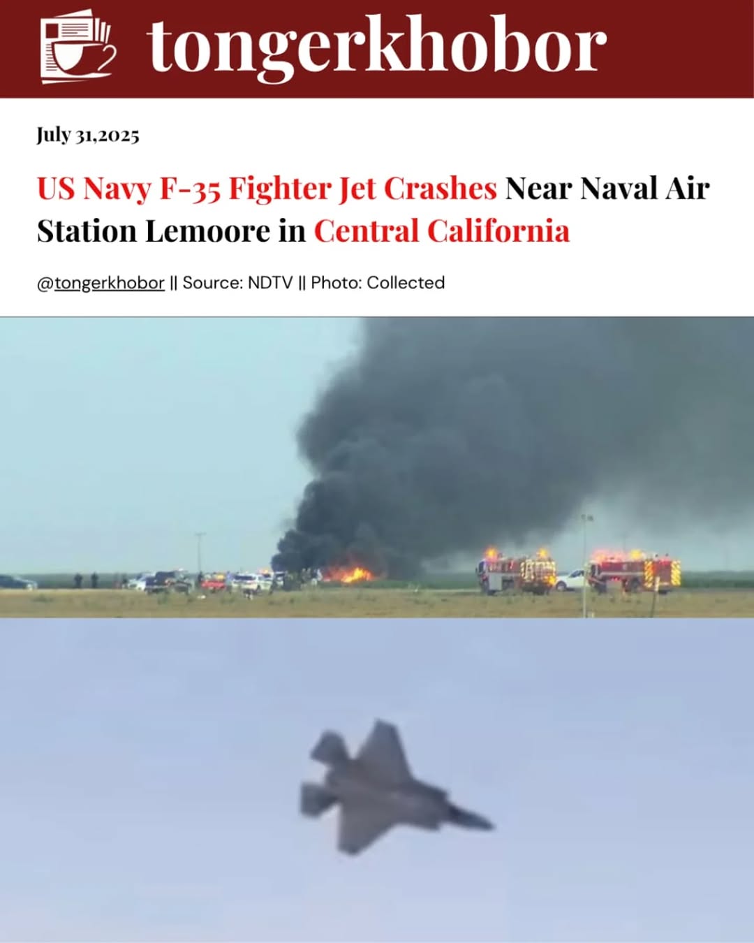 Navy F-35 Crashes Near NAS Lemoore; Pilot Ejects Safely, Grass Fire Contained