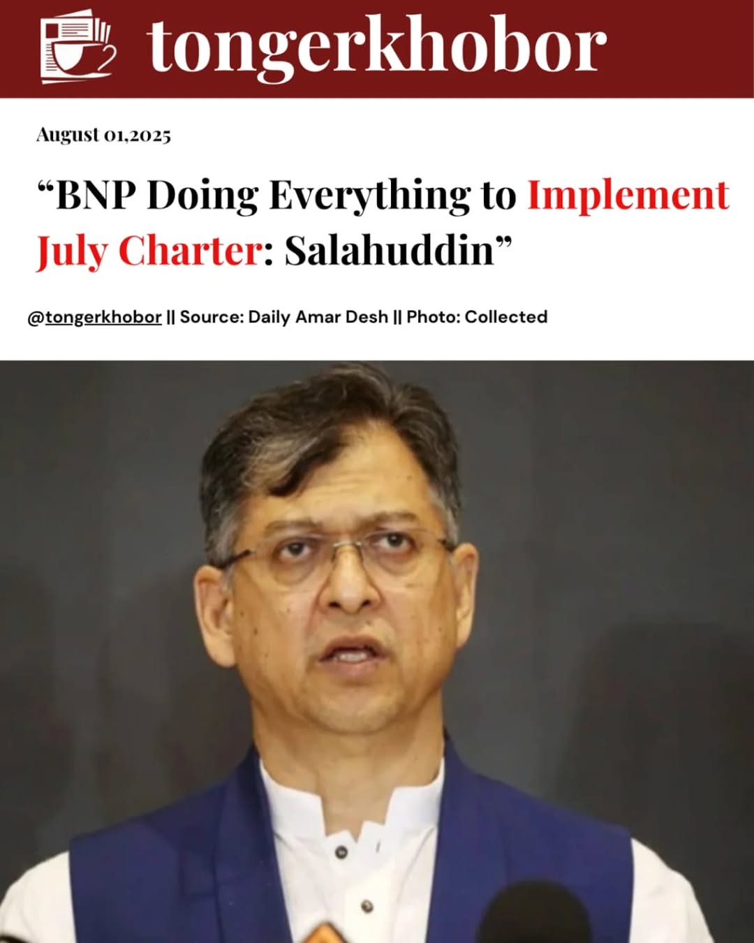BNP Taking All Necessary Steps to Implement July Charter:  Salahuddin