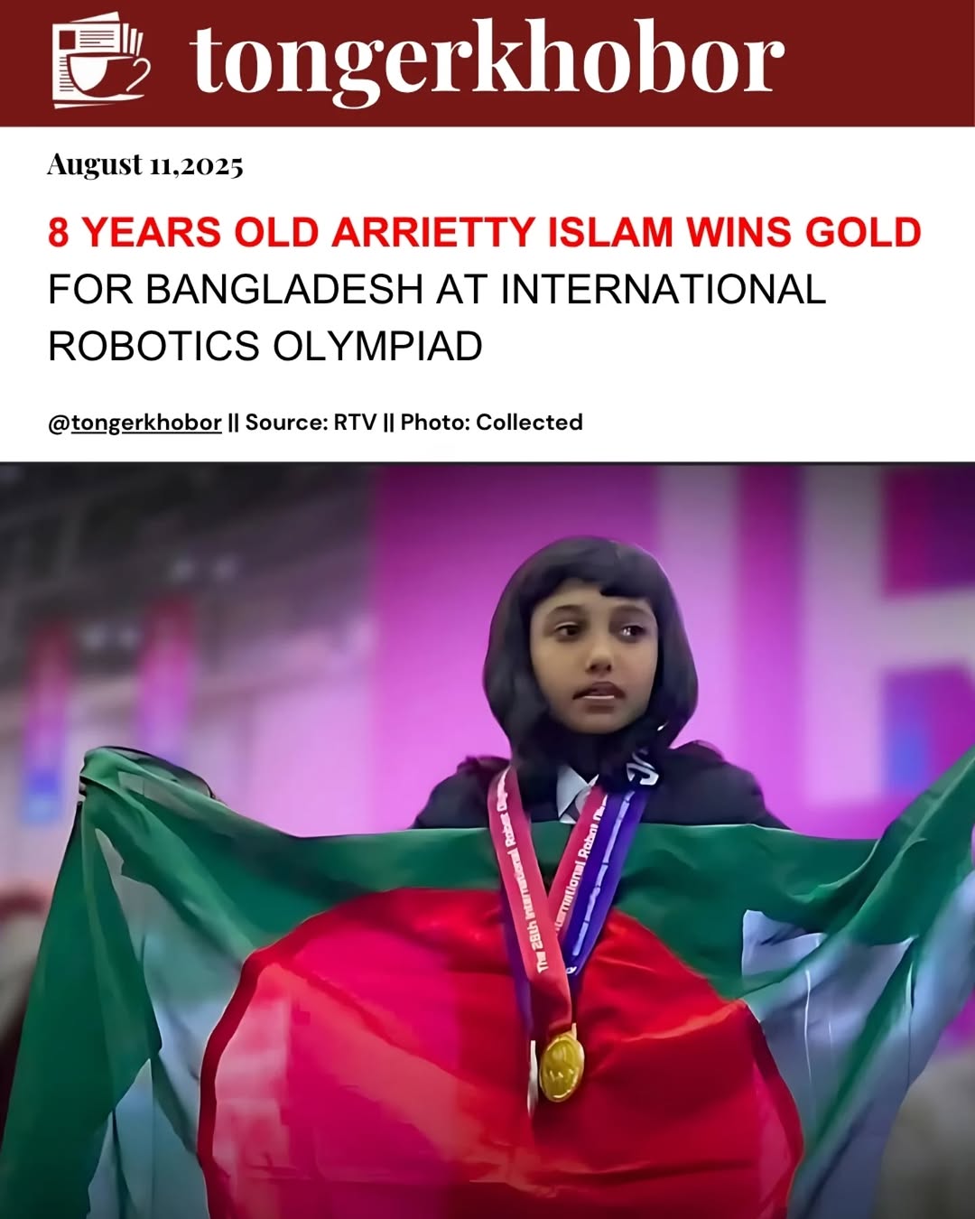 8-year-old Bangladeshi prodigy Arrietty Islam has won gold at the International Robotics Olympiad in Korea, impressing judges with her self-built robo...