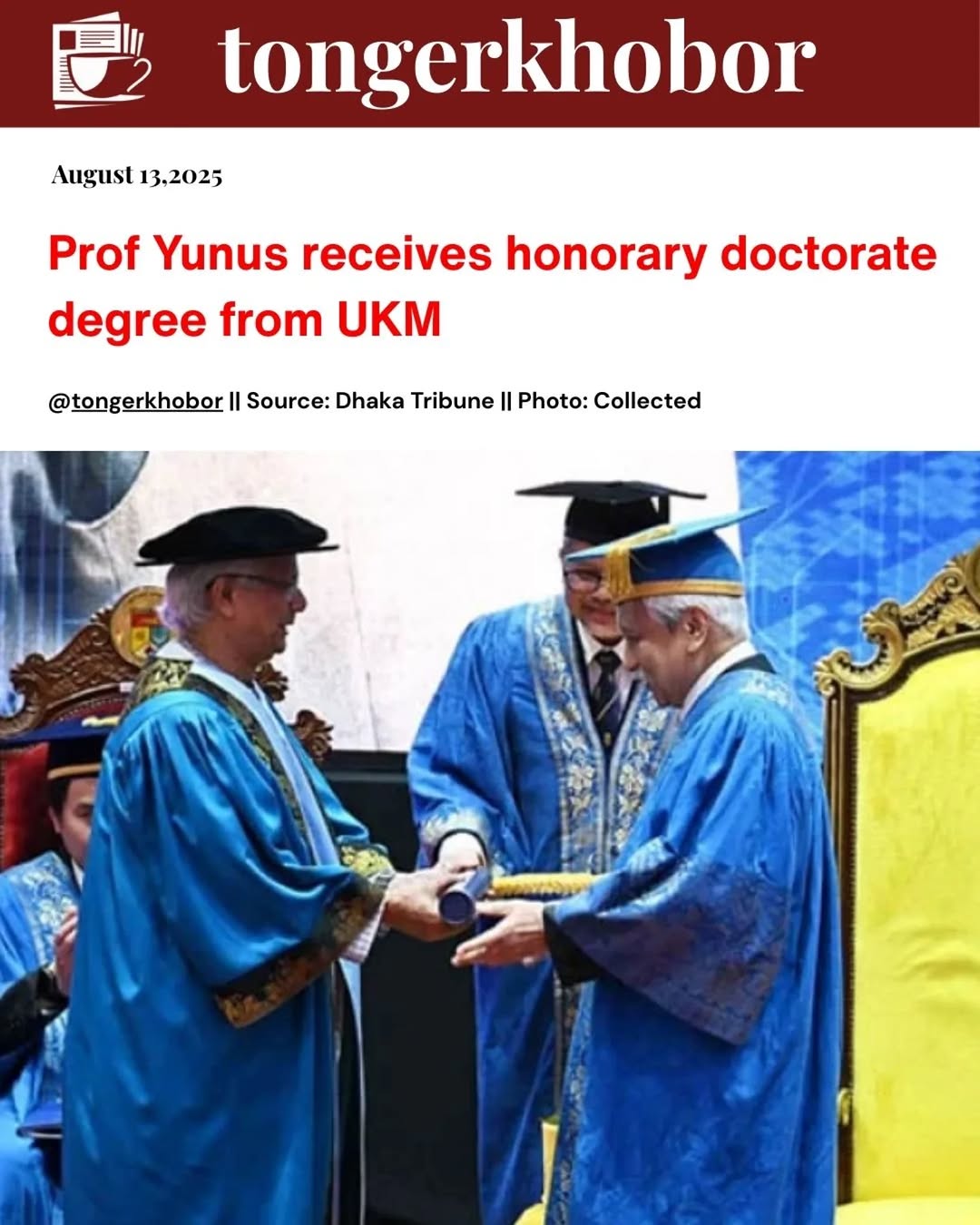 Prof Yunus received the honorary doctorate degree from the university's chancellor at a function held at the UKM auditorium in Kuala Lumpur.