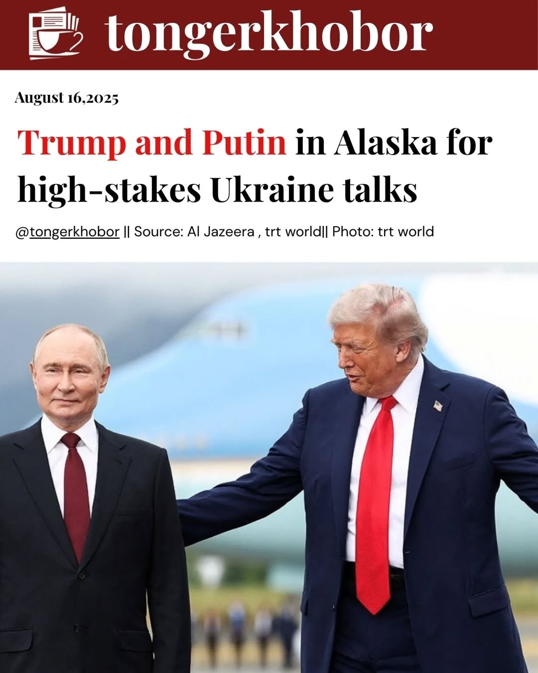 Donald Trump and Russian President Vladimir Putin shake hands in Alaska as the historic summit begins to discuss the war in Ukraine.
