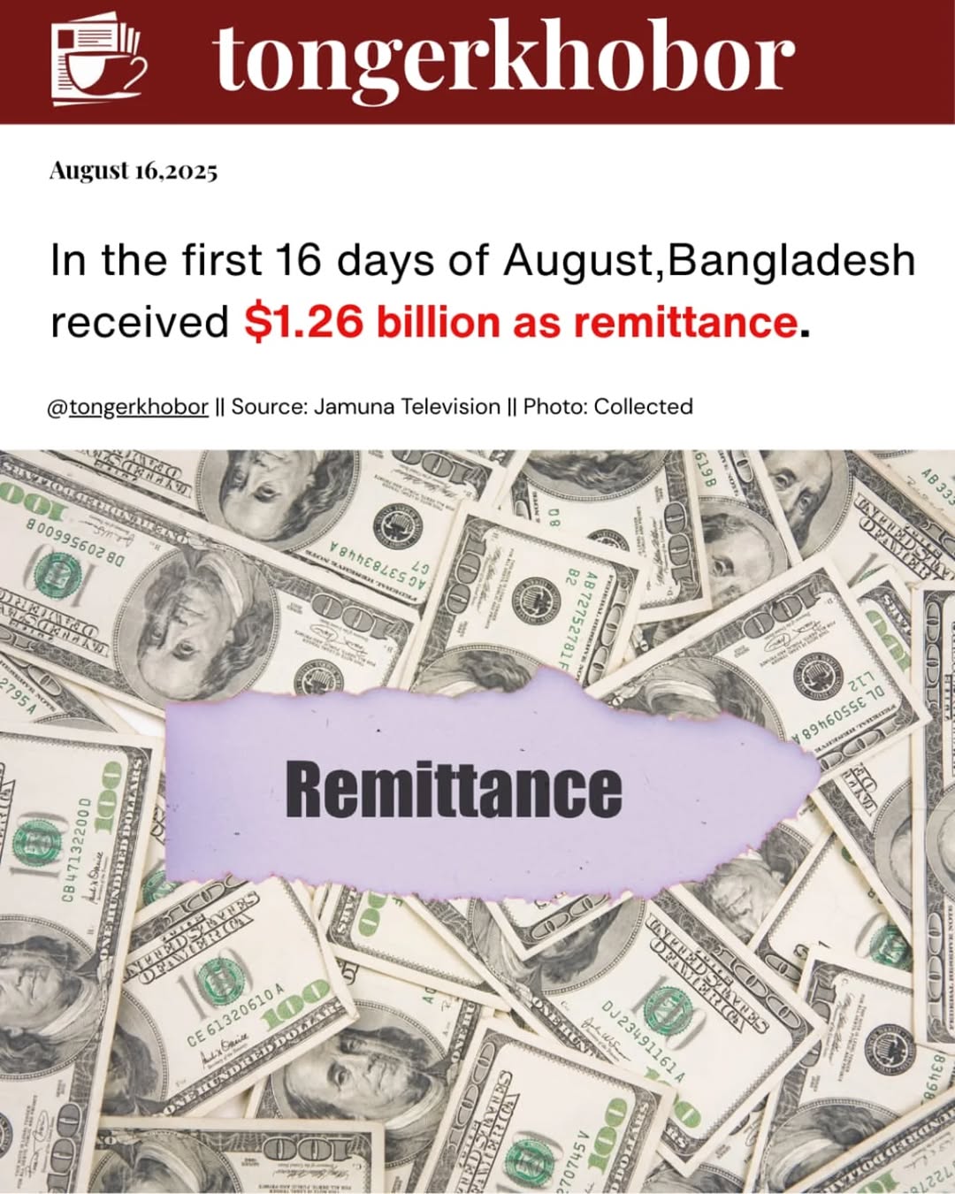 Remittance Inflows Cross $1.26 Billion in First 16 Days of August