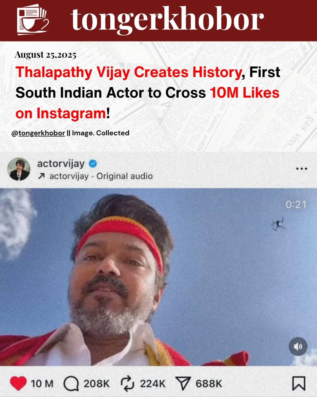 Thalapathy Vijay creates history as the first South Indian actor to cross 10 million likes on Instagram.