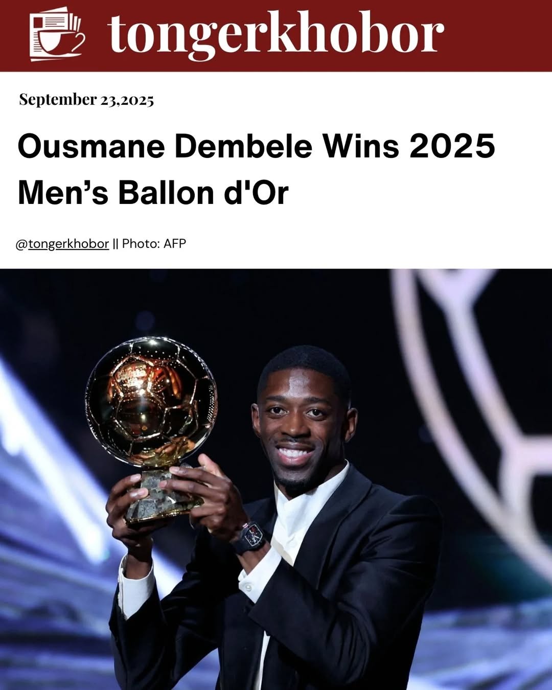 France forward Ousmane Dembele won the men's Ballon d'Or at a ceremony in Paris on Monday, the most prestigious individual award in football rewarding...