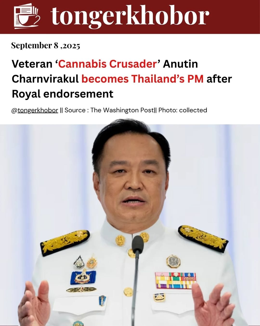 Thailand’s Prime Minister Anutin Charnvirakul,widely known for spearheading the decriminalization of cannabis, bows before a portrait of King Vajiralo...
