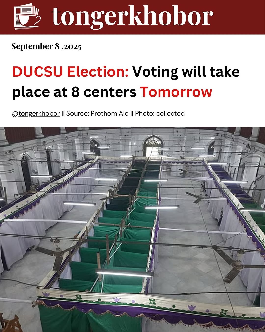 The Dhaka University Central Students’ Union (DUCSU) and hall union elections will take place tomorrow, Tuesday, 9th September 2025, from 8 AM to 4 PM...