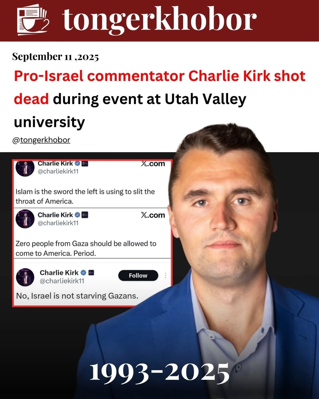 BREAKING! Donald Trump announces ( far-right and pro-Israel commentator) Charlie Kirk was killed in the shooting incident during an event at Utah Vall...