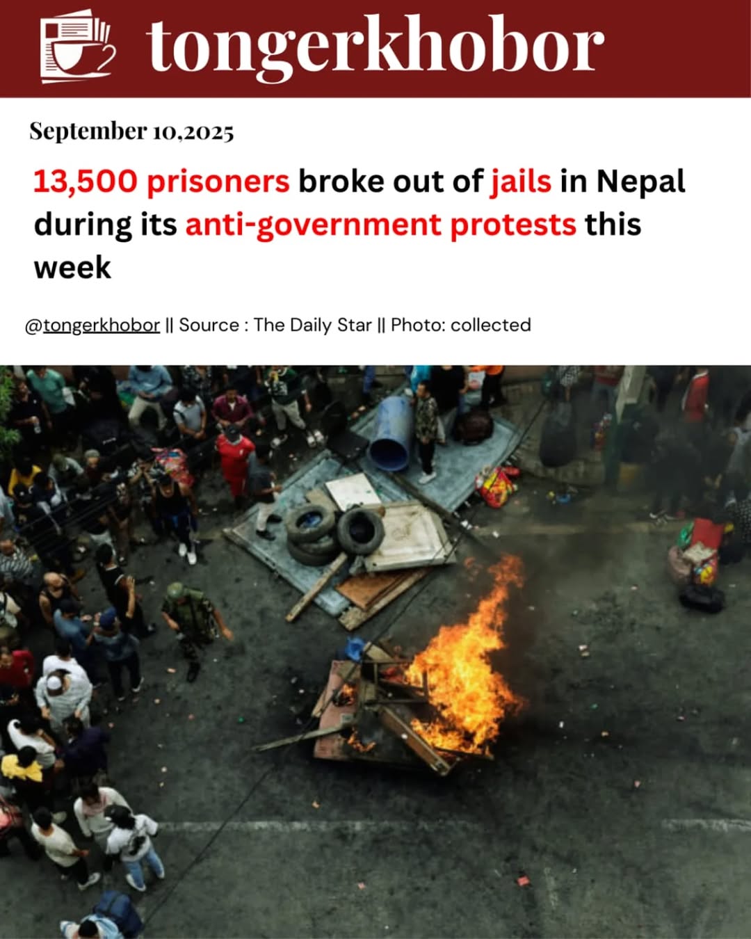 Nepali police said Wednesday (10 September ), that more than 13,500 prisoners broke out of jails across the country during anti-government protests th...