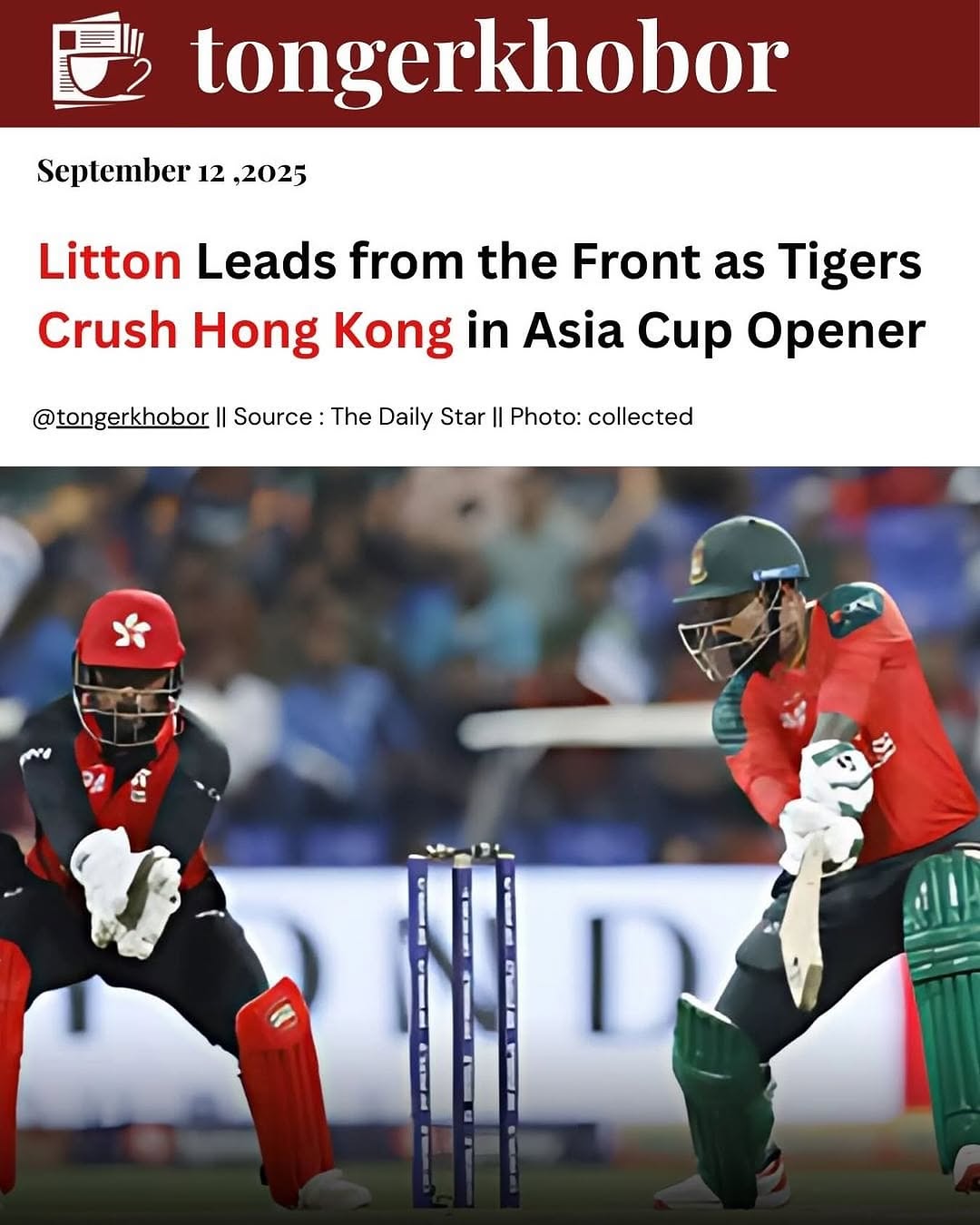 Skipper Litton Das (59 off 39) smashed his 15th T20I fifty to power Bangladesh to a dominant 8-wicket win over Hong Kong in Abu Dhabi.