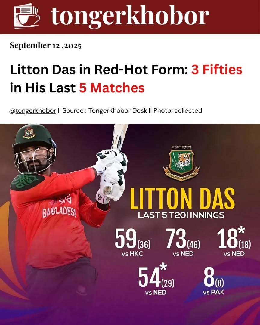 Bangladesh skipper Litton Das is on a roll!  With 3 half-centuries in just 5 innings, Litton has anchored the Tigers’ top order with consistency and f...