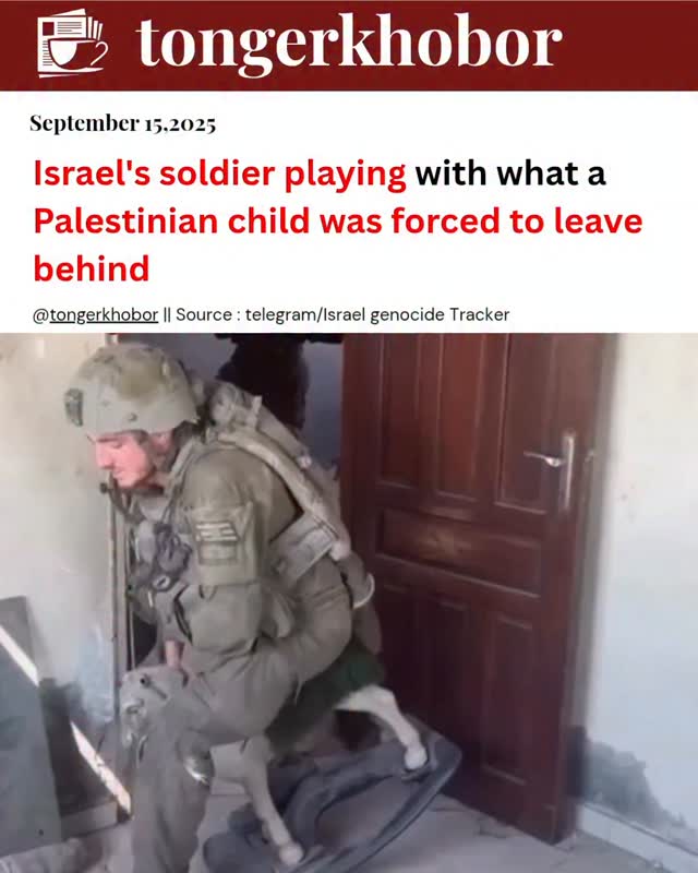 Israel’s soldier's playing with what a Palestinian child was forced to leave behind during his family’s expulsion from Gaza’s Sheikh Radwan Pool area.
