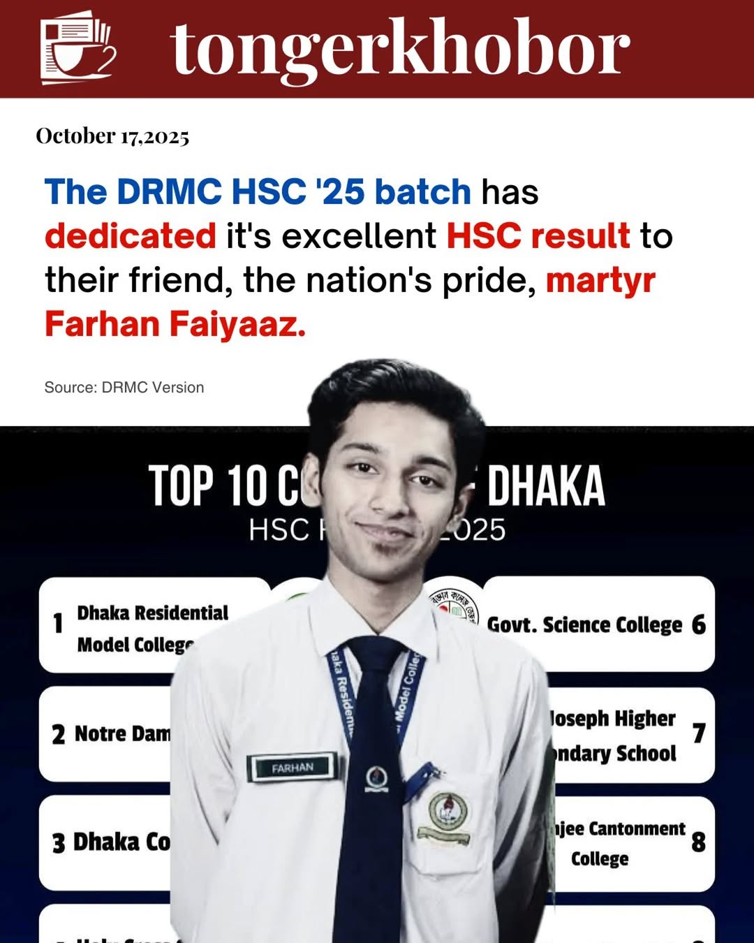 Farhan Faiyaaz was a bright, first-year student at DRMC when he was martyred.