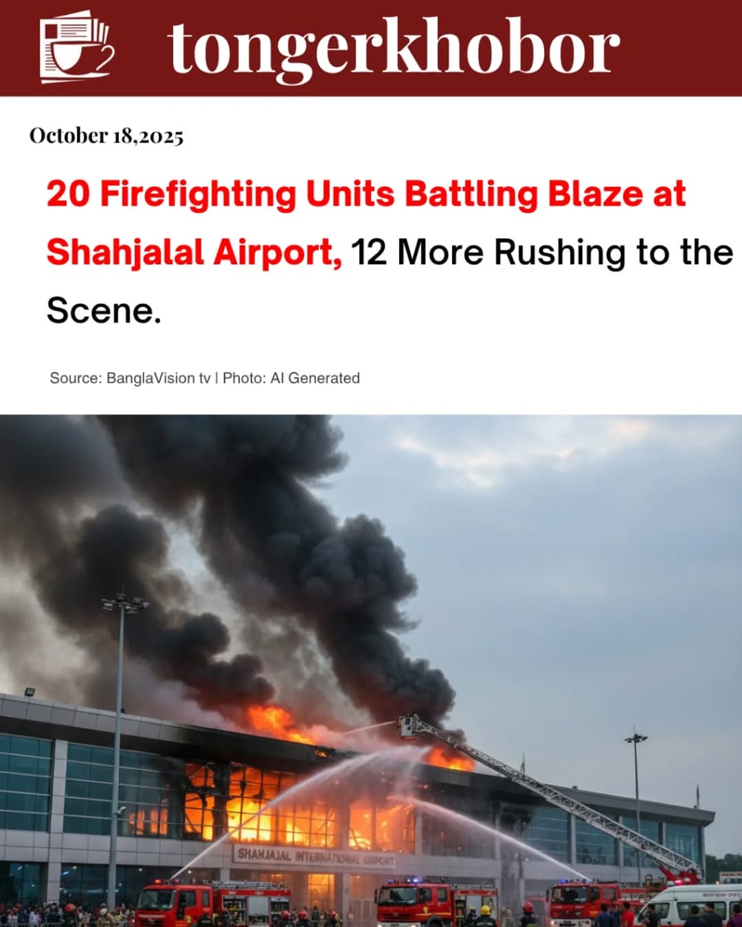 20 Firefighting Units Battling Blaze at Shahjalal Airport, 12 More Rushing to the Scene.