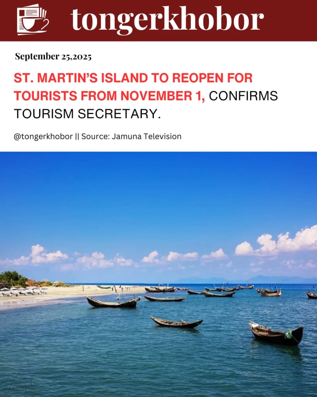 St. Martin’s Island to Reopen for Tourists from November 1, Says Tourism Secretary