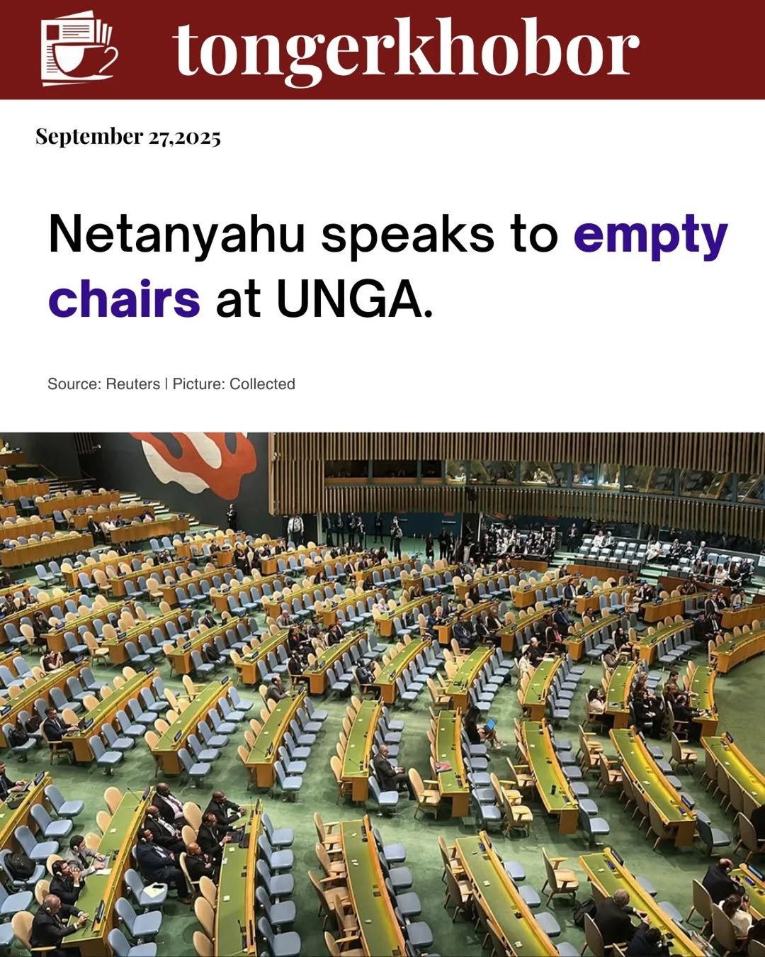 Over 100 delegates from more than 50 countries staged a walkout during Benjamin Netanyahu’s UN General Assembly speech, leaving rows of empty chairs a...