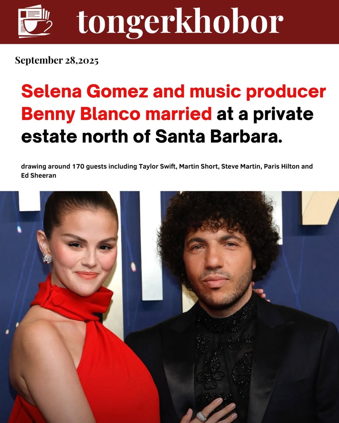 @selenagomez and music producer Benny Blanco married at a private estate north of Santa Barbara, drawing around 170 guests including Taylor Swift, Mar...
