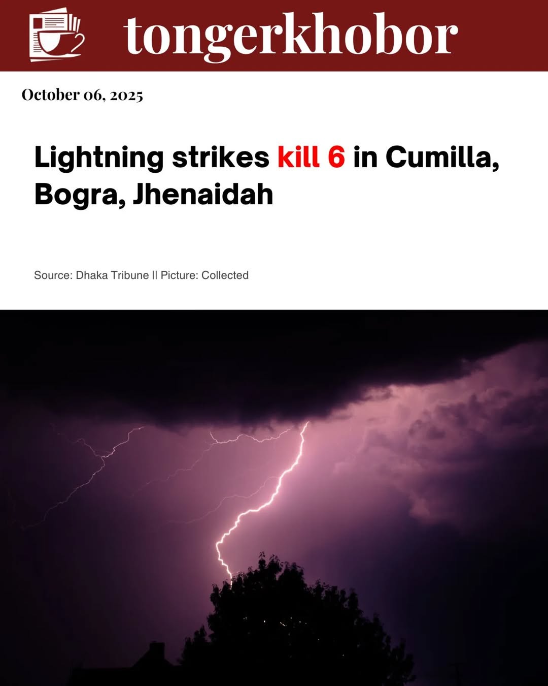 Six people were killed and two injured by lightning strikes in Cumilla, Bogra, and Jhenaidah districts in Bangladesh on Sunday.