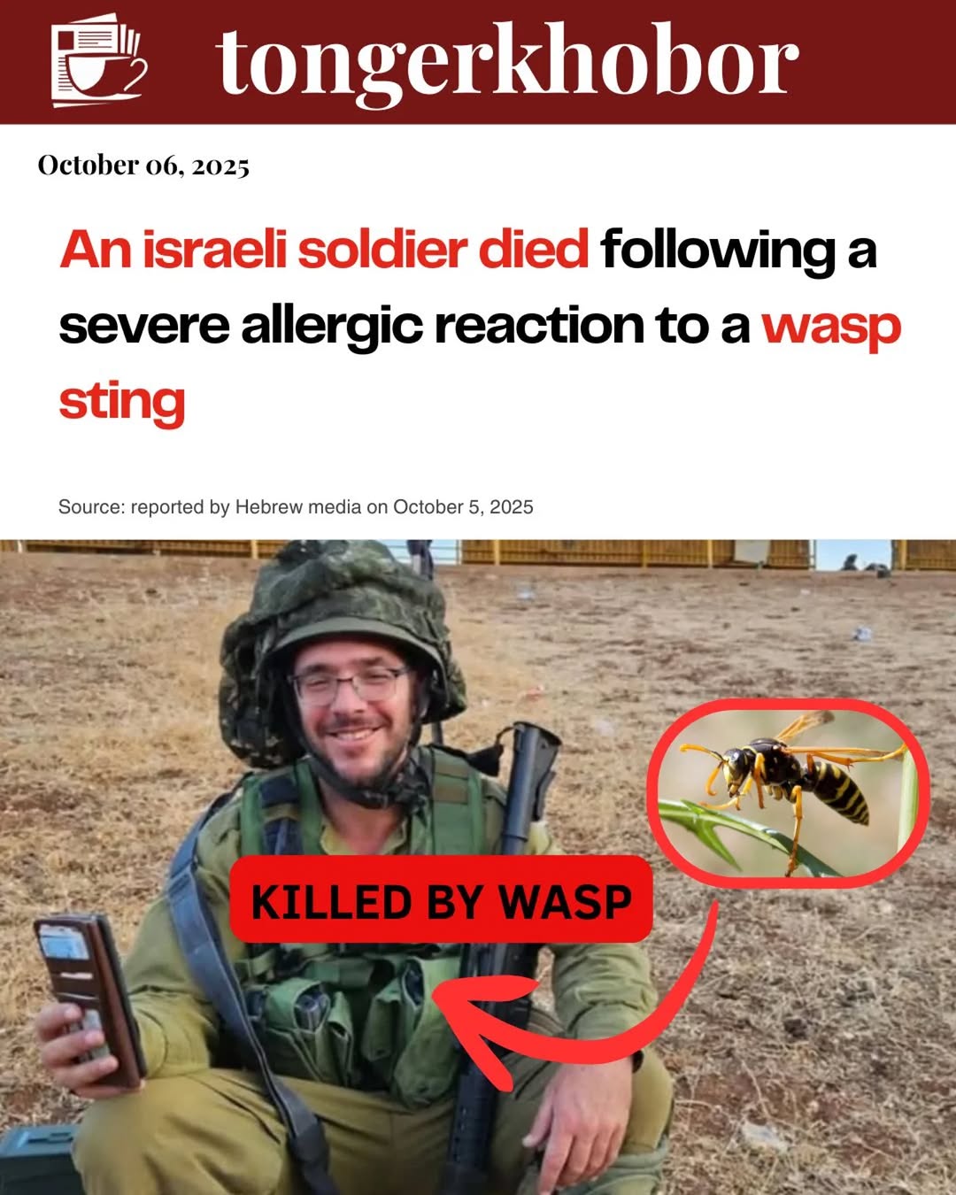 An israeli soldier died following a severe allergic reaction to a wasp sting, as reported by Hebrew media on October 5, 2025.