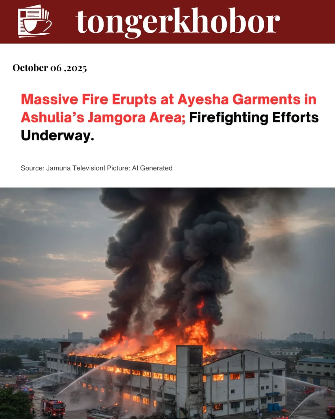 A massive fire broke out on October 6, 2025, at Ayesha Garments, a garment factory in the Jamgora area of Ashulia, Savar.