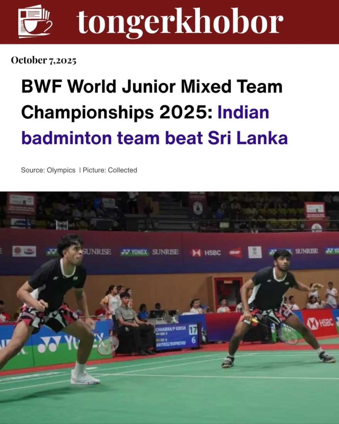 The Indian badminton team stayed unbeaten at the BWF World Junior Mixed Team Championships 2025 with a dominant 45-27, 45-21 win over Sri Lanka in the...