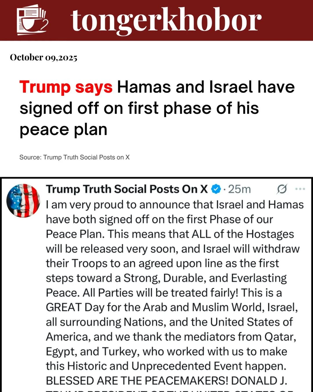 Breaking: Trump says Hamas and Israel have signed off on first phase of his peace plan