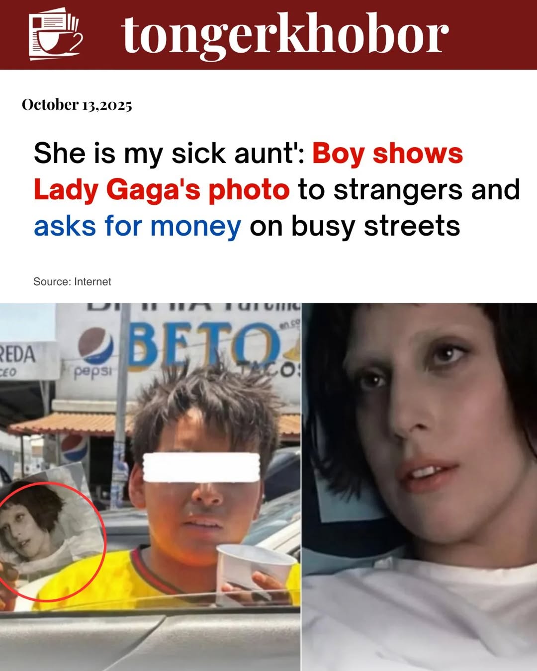 A young boy recently caught public attention on the streets, holding a photo of pop superstar Lady Gaga while asking for money.