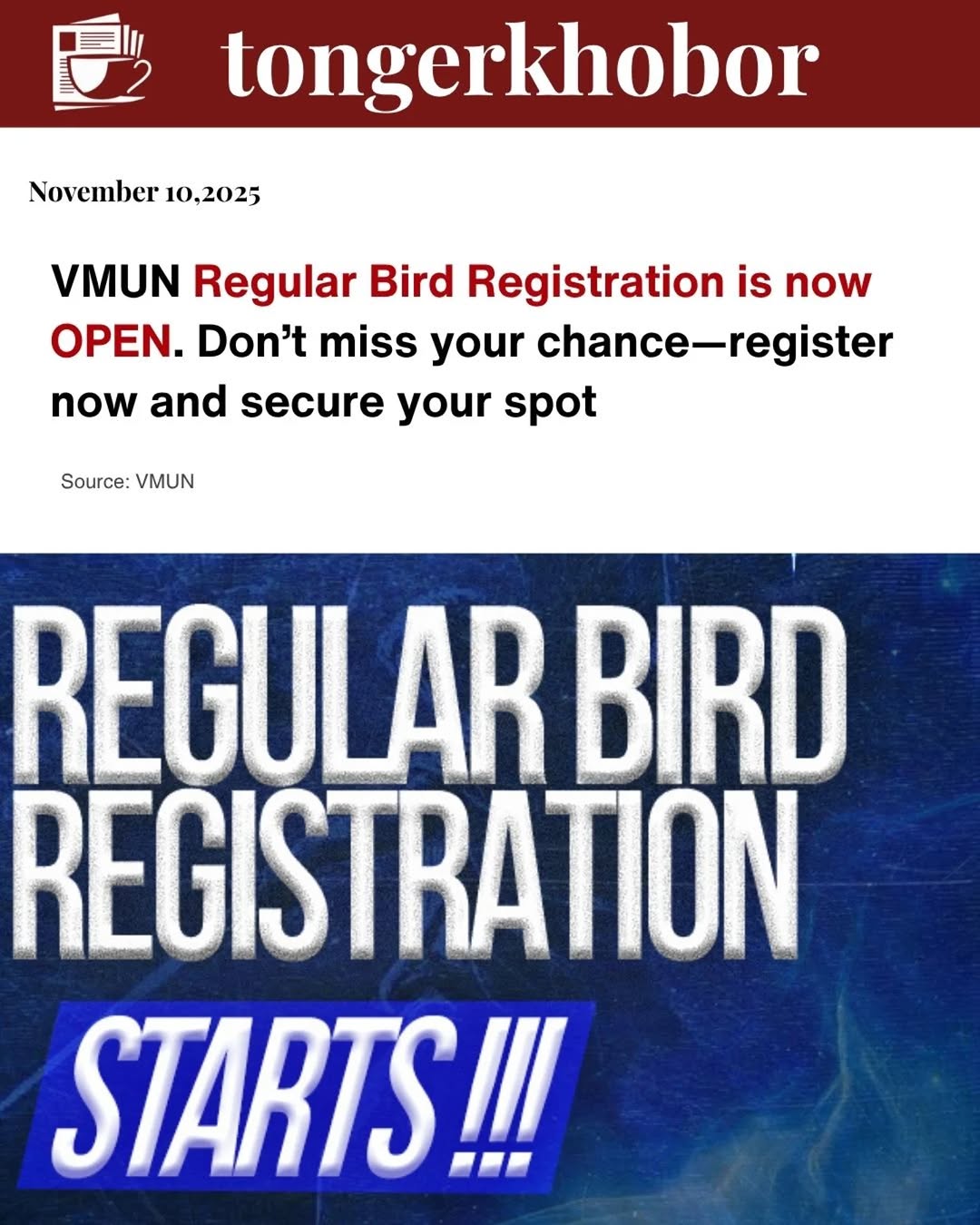 VMUN Regular Bird Registration is now OPEN. Don’t miss your chance—register now and secure your spot