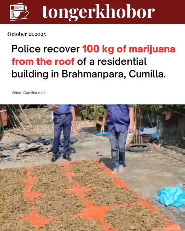 Police recovered 100 kg of marijuana from the roof of a residential building in Shashidal Union of Brahmanpara Upazila, Cumilla.