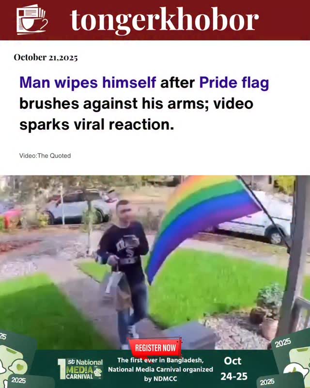 A video has gone viral showing a man quickly wiping his arms after a Pride flag accidentally brushed against him during a public event.