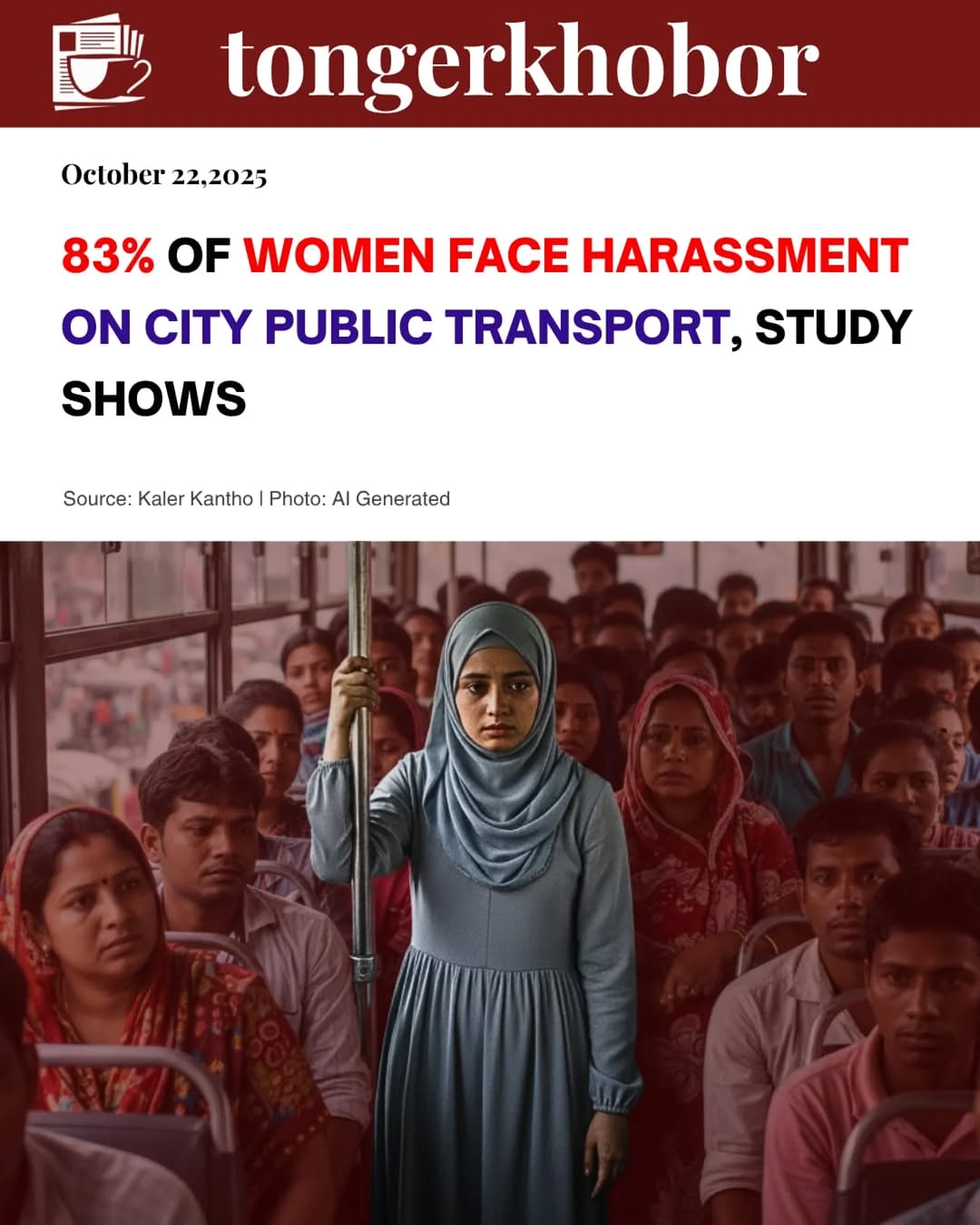 A shocking 83% of women using urban public transport in Bangladesh experience physical or mental abuse, according to a report by the Bangladesh Road S...