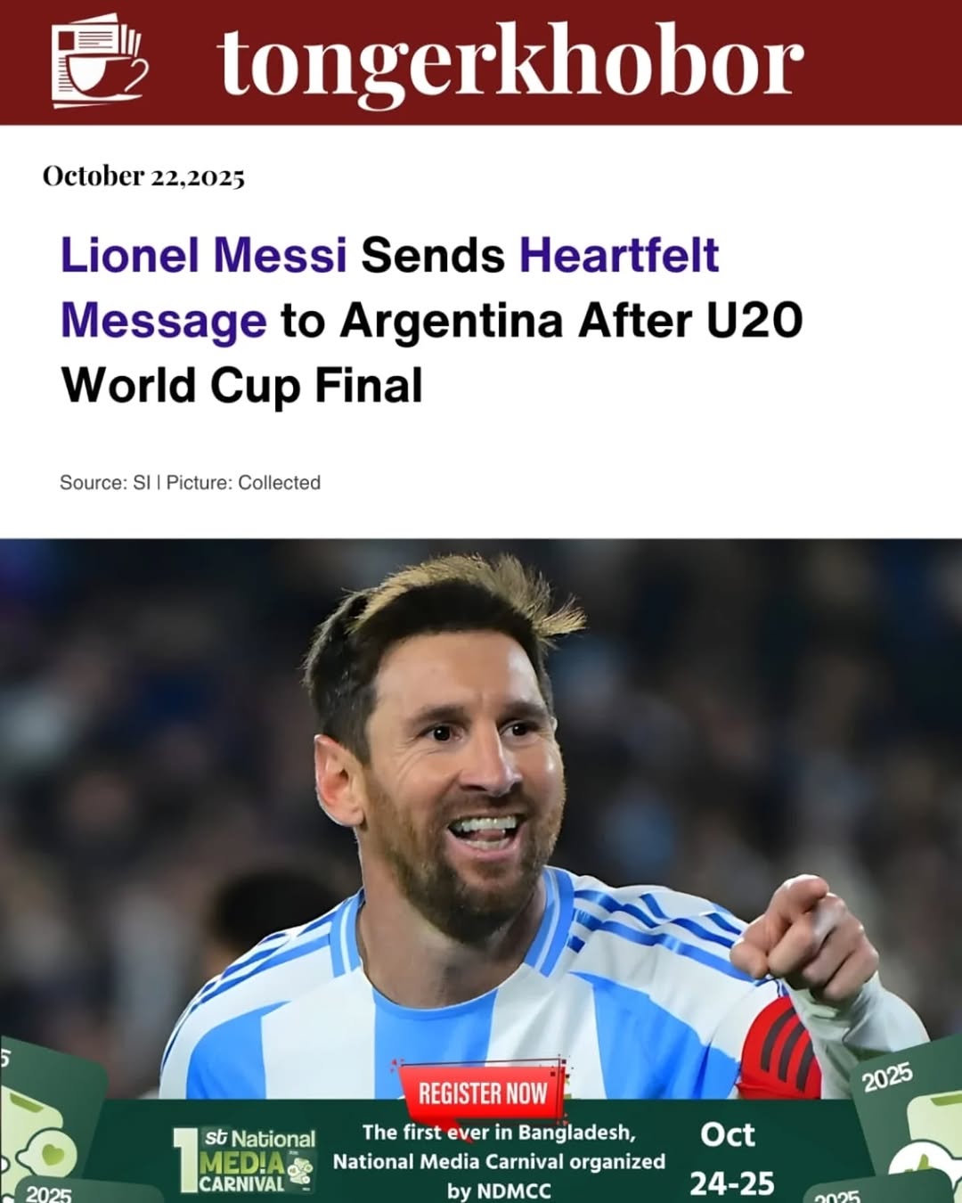 Football icon Lionel Messi shared an emotional message following Argentina’s U20 World Cup final, expressing pride in the young Albiceleste squad for ...