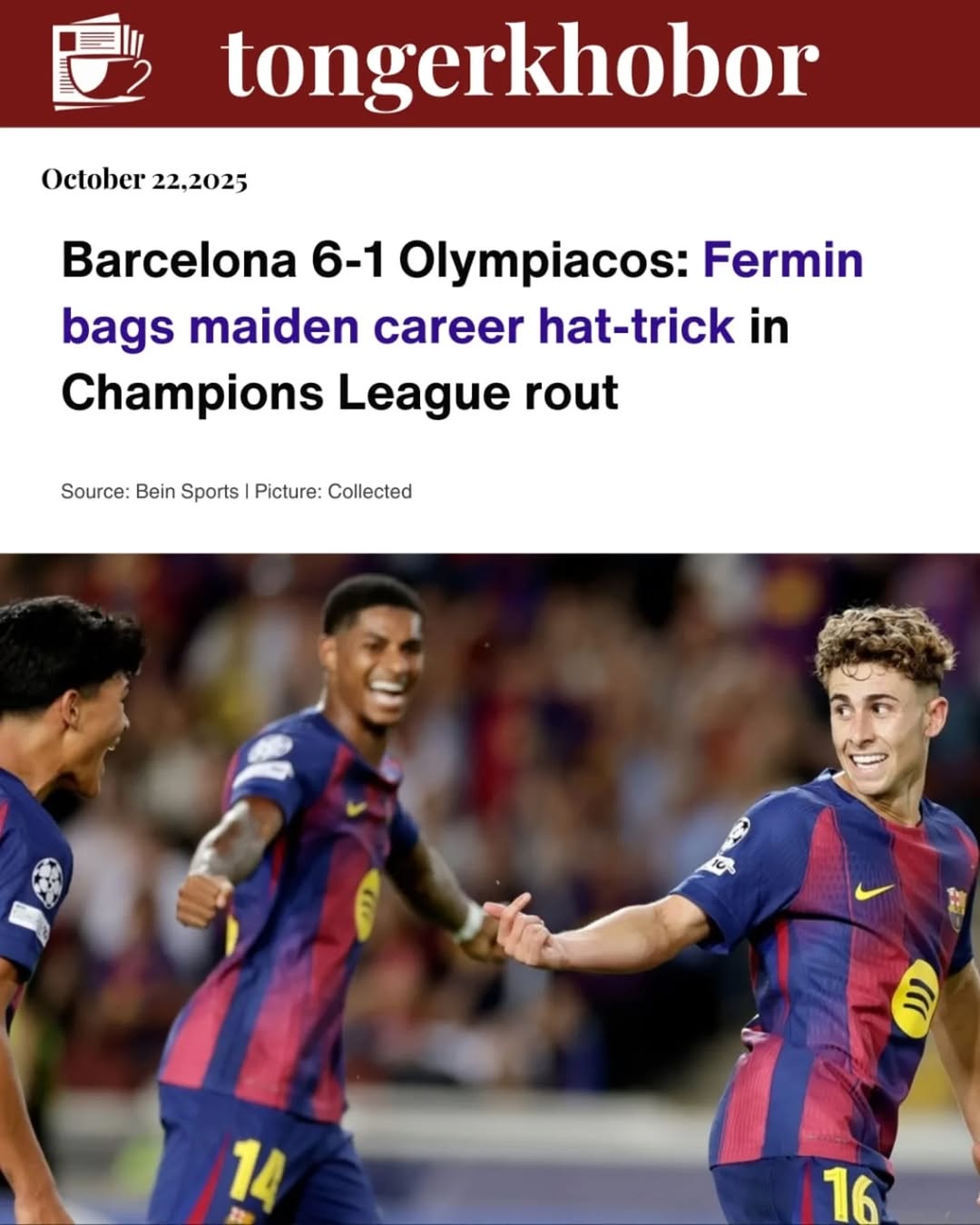 Barcelona stormed to a commanding 6-1 victory over Olympiacos in the UEFA Champions League on Tuesday, led by a sensational hat-trick from Fermin Lope...