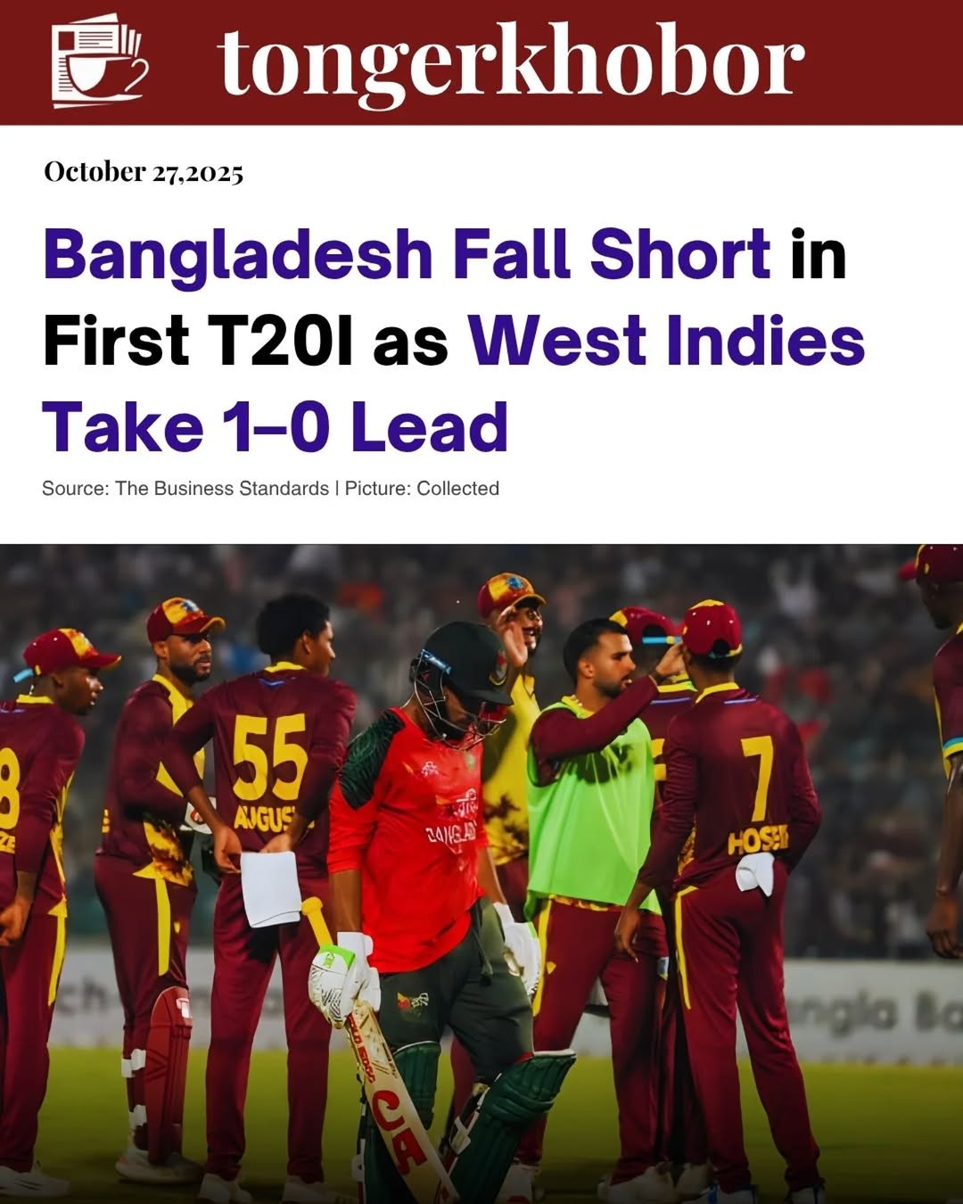 Bangladesh’s T20I campaign against the West Indies began with disappointment as they fell 16 runs short while chasing 166 in the series opener.