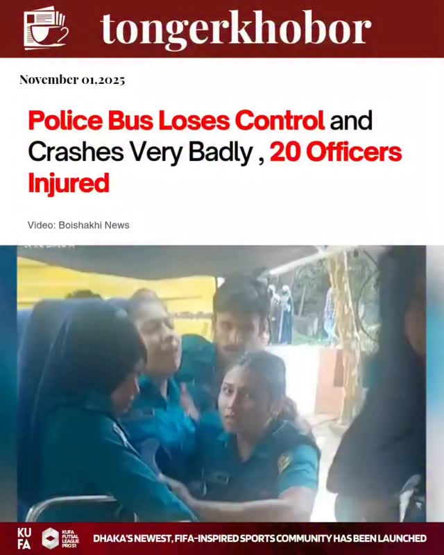 A police bus lost control and slammed , leaving at least 20 officers injured.