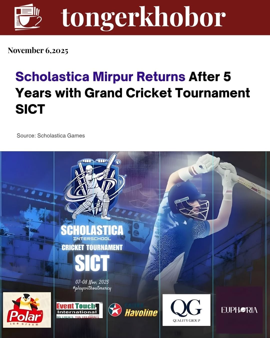 Scholastica Mirpur proudly announces the return of its signature cricket event, SICT 2025 (Scholastica Inter-School Cricket Tournament), following a f...