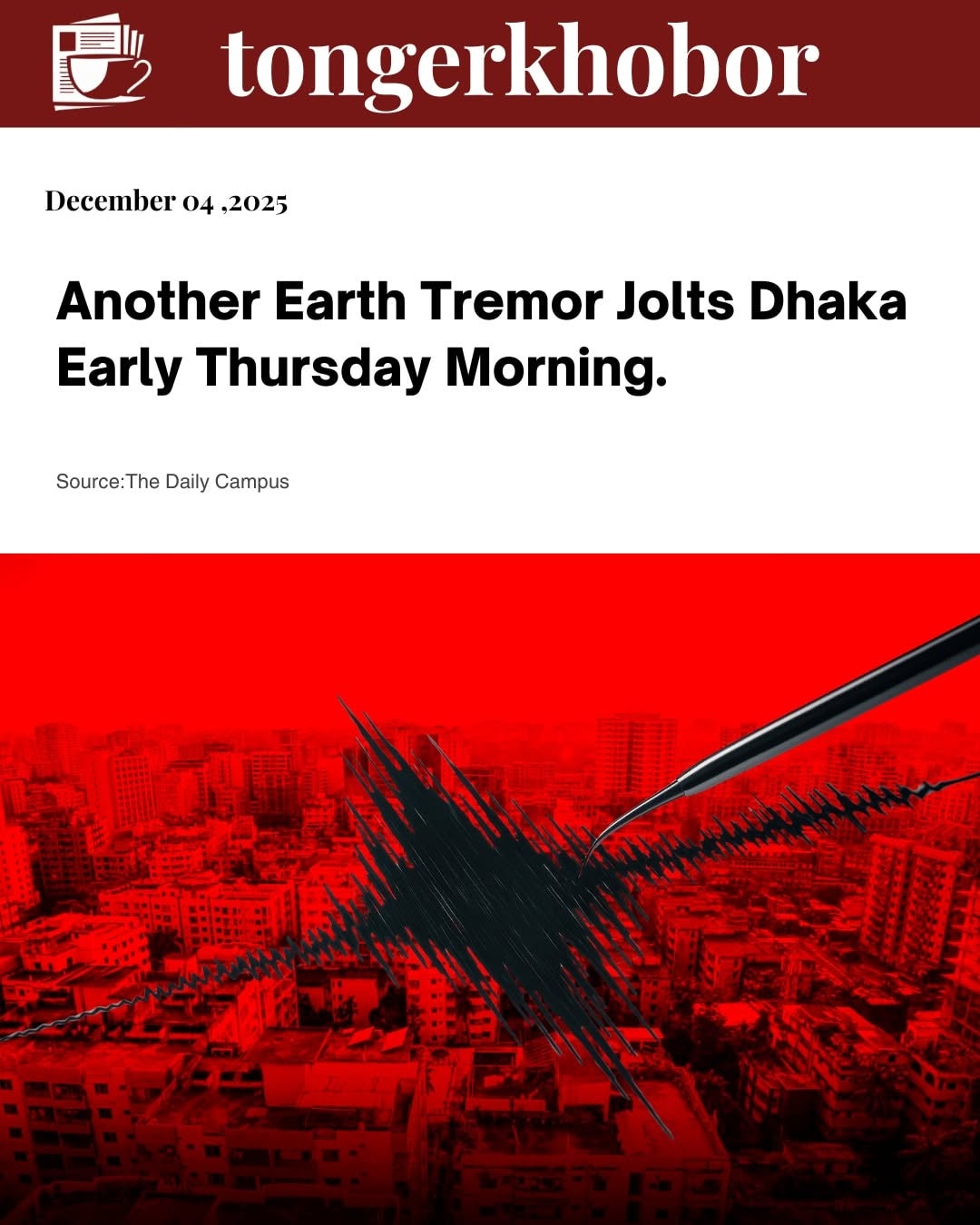 A fresh tremor was felt in Bangladesh’s capital, Dhaka. The earthquake occurred on Thursday (4 December) at around 6:15 AM.