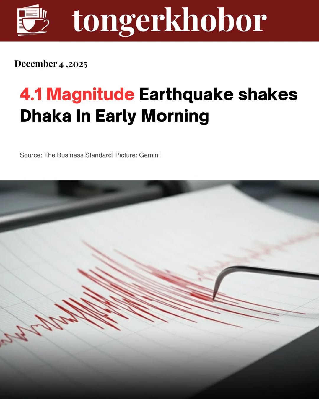 A mild earthquake measuring 4.1 on the Richter scale struck Bangladesh at 06:14 AM on 4 December 2025, according to the European-Mediterranean Seismol...