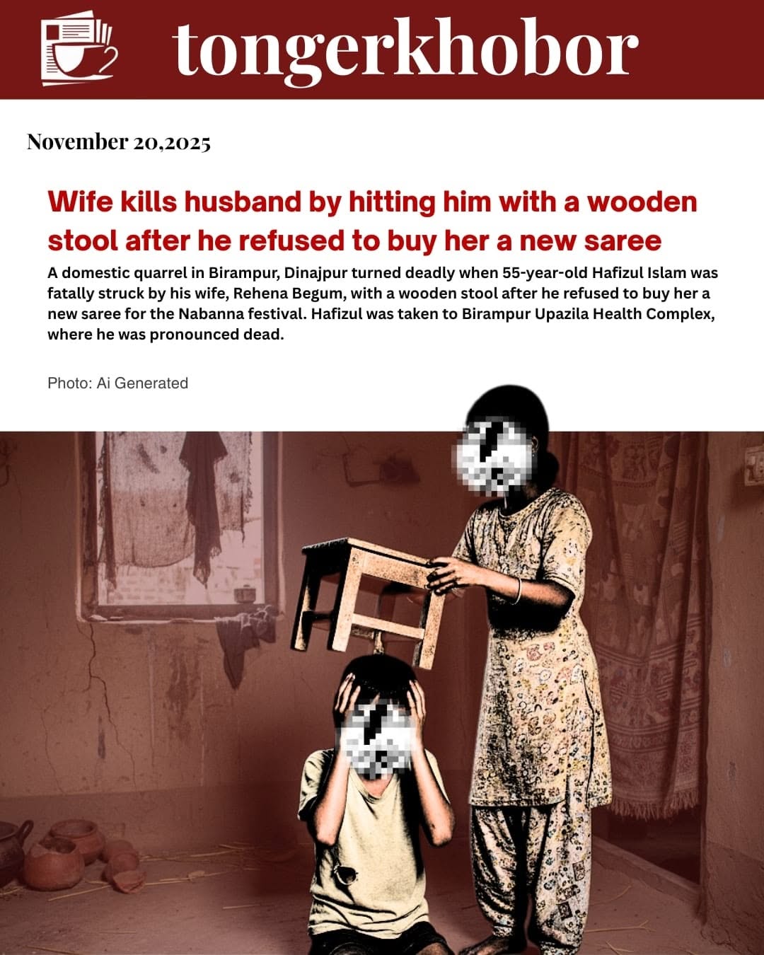 A domestic quarrel in Birampur, Dinajpur turned deadly when 55-year-old Hafizul Islam was fatally struck by his wife, Rehena Begum, with a wooden stoo...