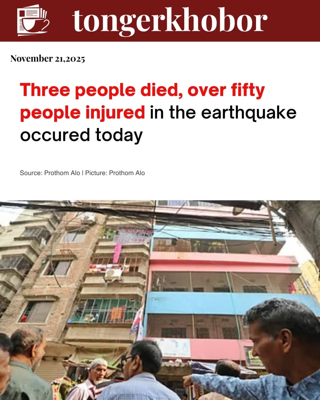 The Directorate General of Health Services (DGHS) said three people were killed in the earthquake on Friday morning.