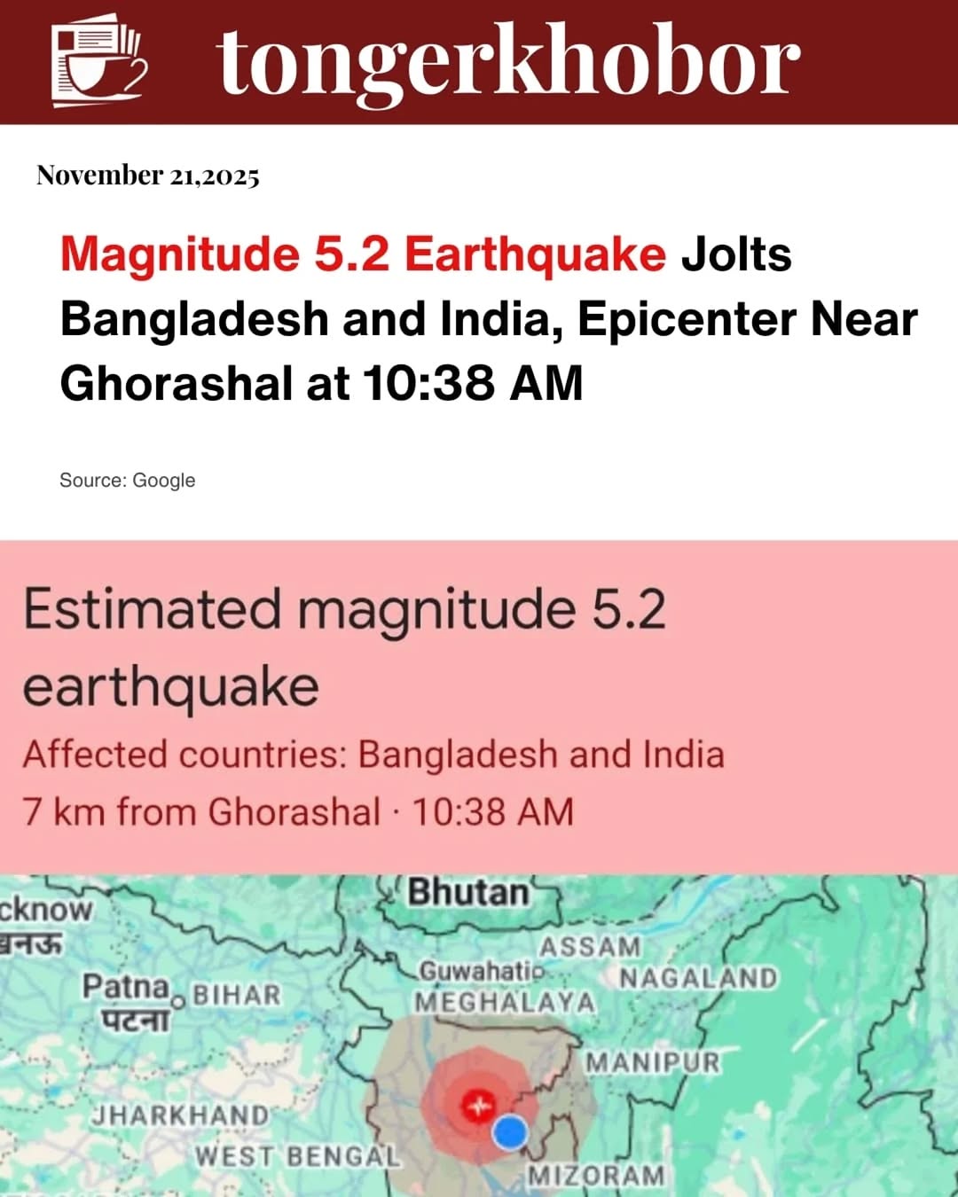 Magnitude 5.2 Earthquake Jolts Bangladesh and India, Epicenter Near Ghorashal at 10:38 AM