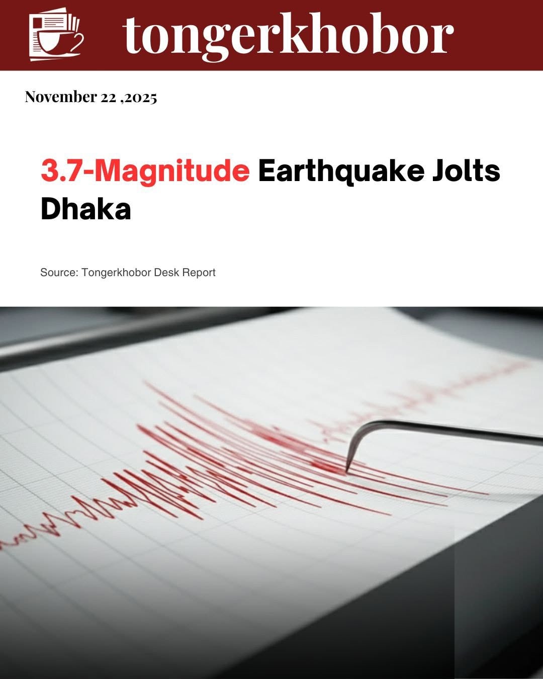 A mild 3.7-magnitude earthquake struck Dhaka at 6:15 PM, causing brief shaking across several areas. No damage or casualties have been reported.