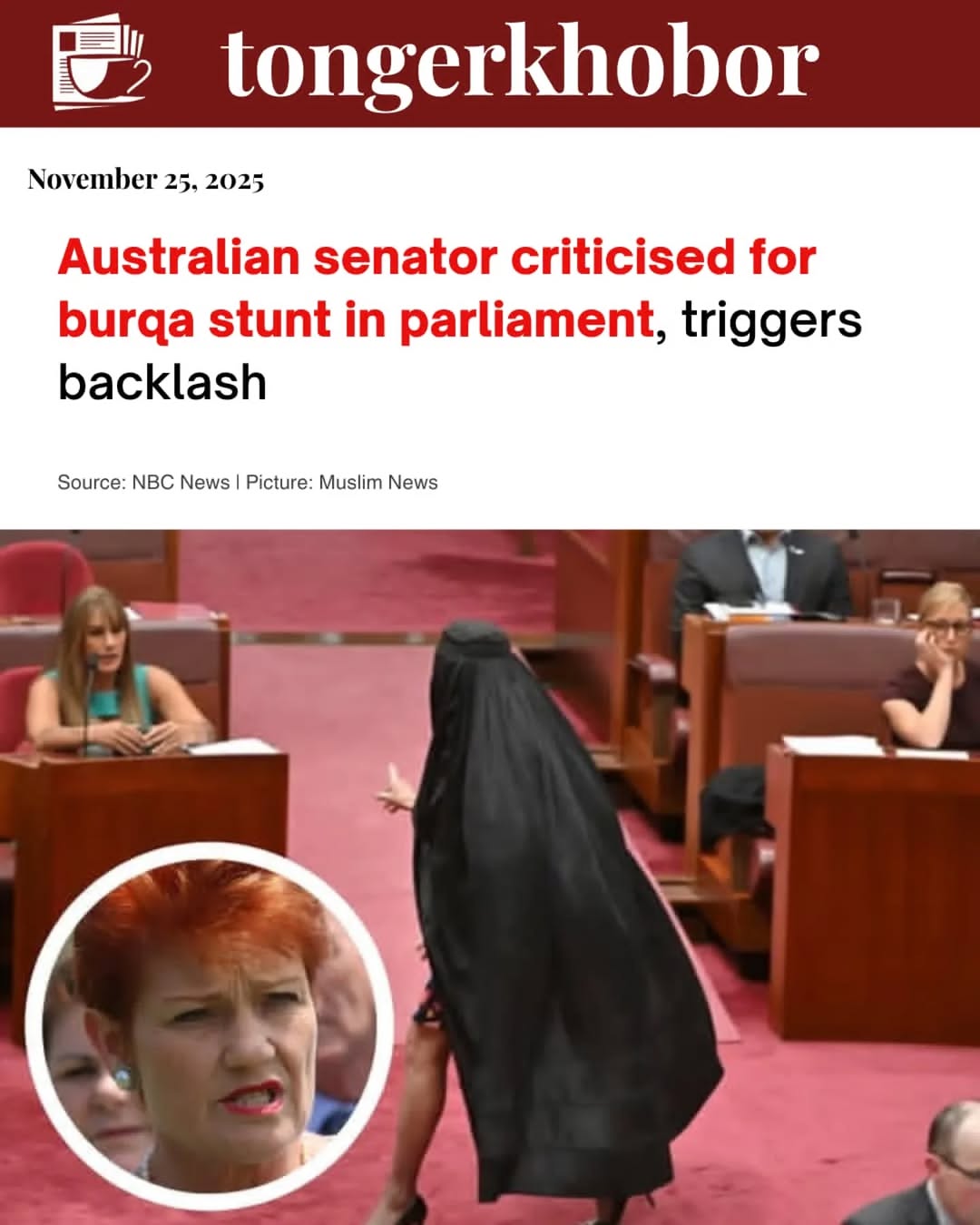 An Australian senator has sparked widespread outrage after staging a controversial protest in Parliament by wearing a burqa to advocate for a ban on M...