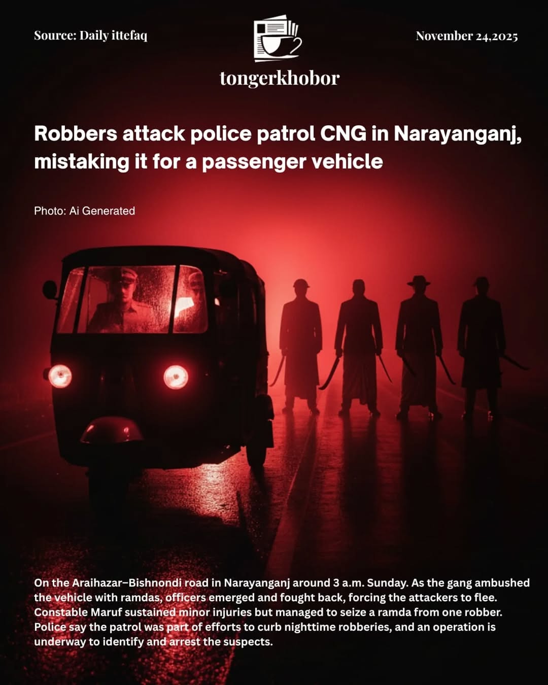 Police officers patrolling in a CNG-run auto-rickshaw were attacked by a group of robbers who mistook the vehicle for a regular passenger ride in Nara...