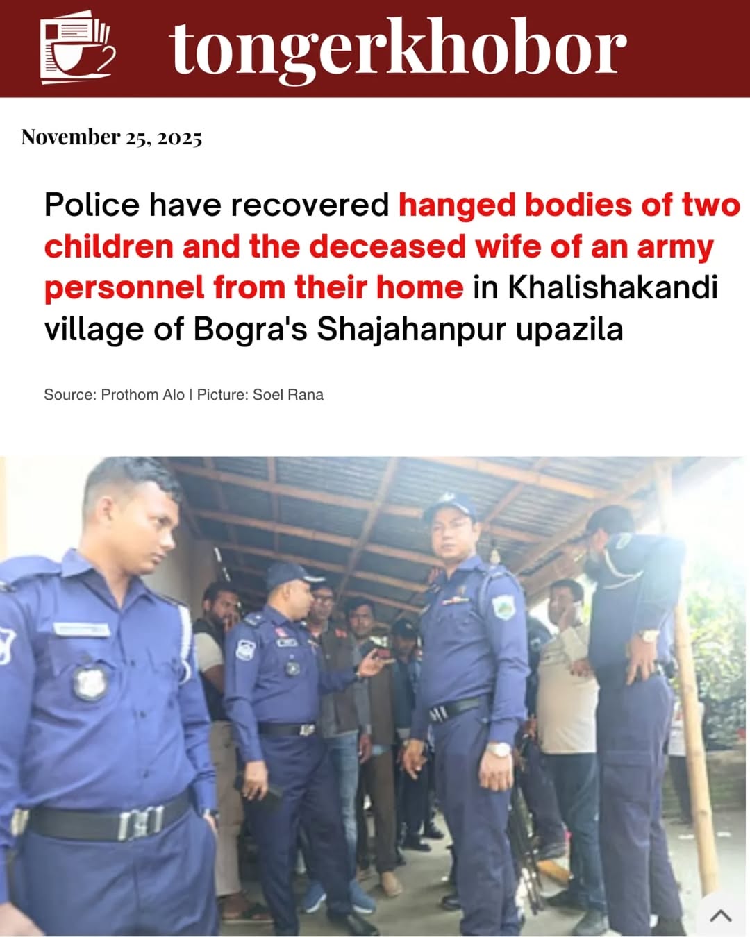 Police have recovered the bodies of two children and his wife, who were found hanging from the house of an army officer who had returned home on leave...