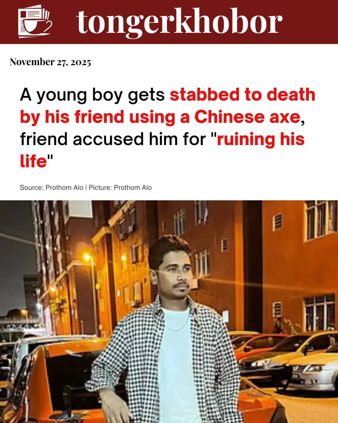 A young man named Muntasir Fahim (22) was stabbed to death with a sharp weapon at the Government Nazrul Academy ground in Trishal, Mymensingh.