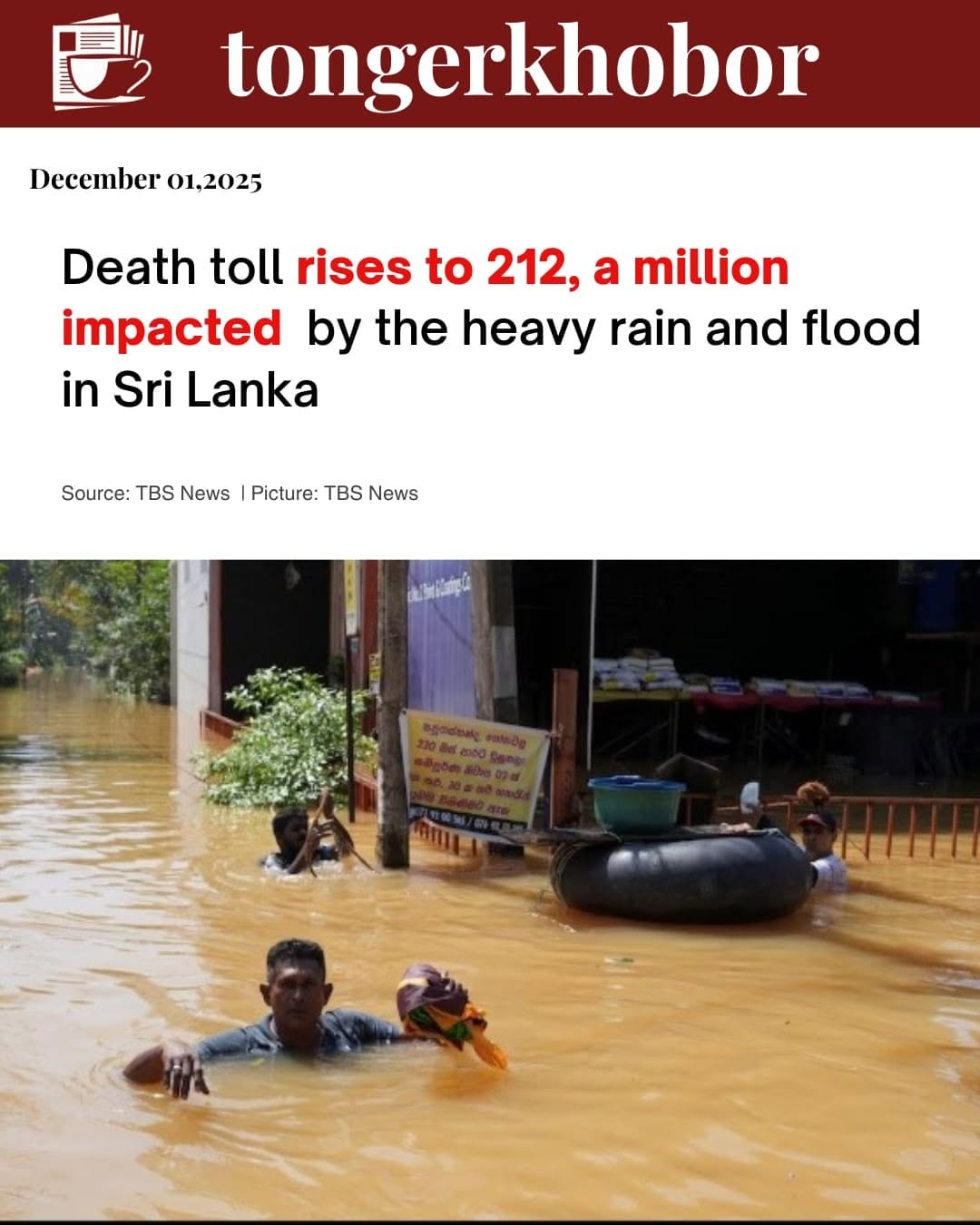 Sri Lanka's death toll from Cyclone Ditwah climbed to 212 with 218 missing, officials said on Sunday, as flood waters breached a dam and rescue operat...