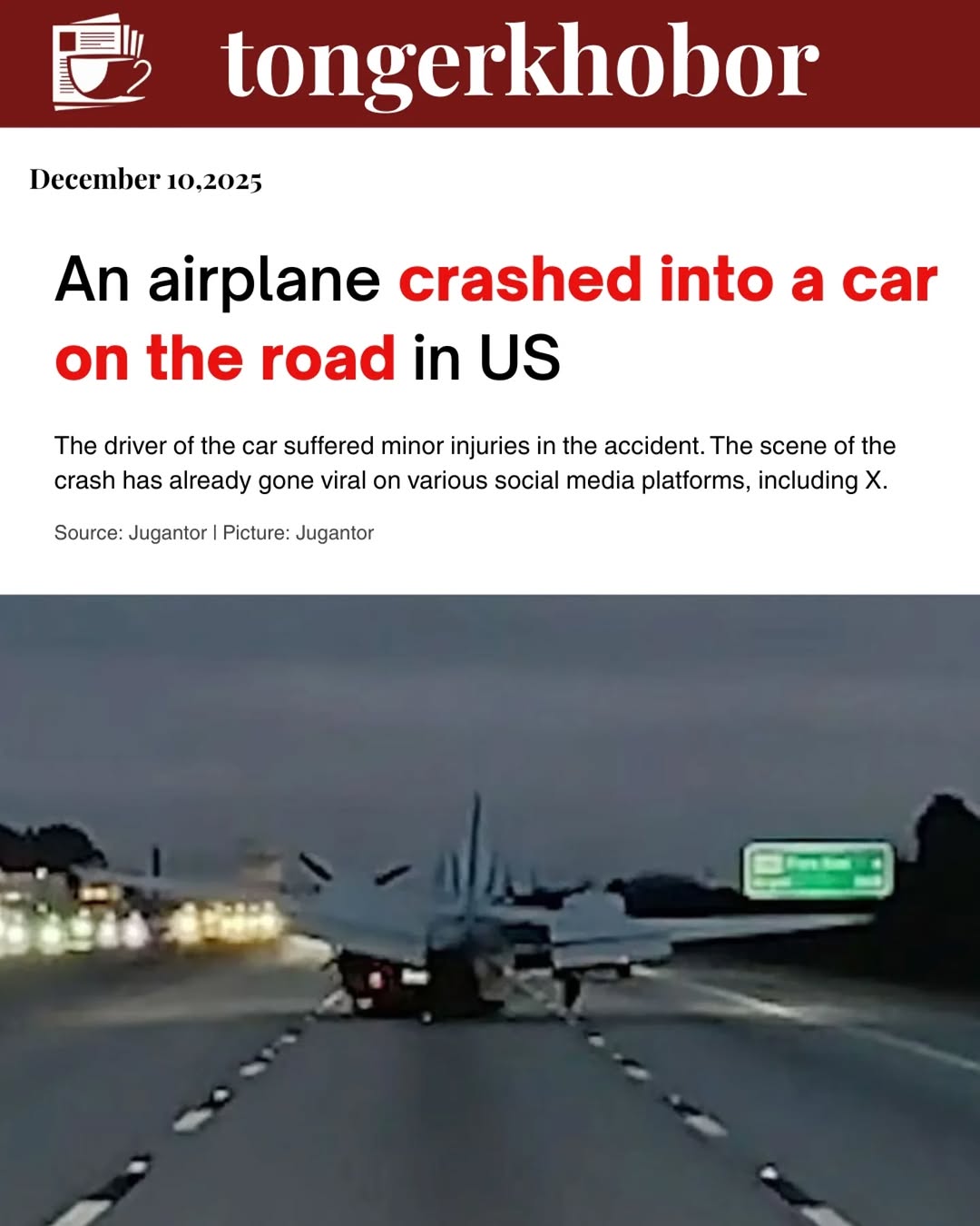 A small plane crashed into a car on a road in Cocoa, Florida, USA, at 5:45 pm local time on Monday.