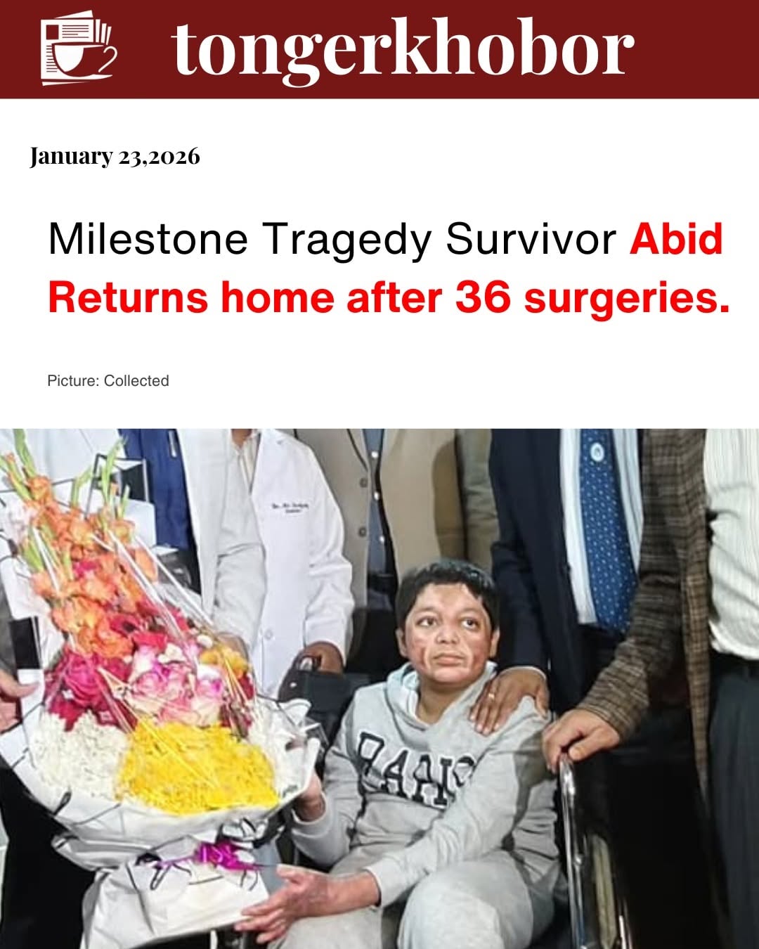 Abidur Rahim (12), a student of Milestone School and College who was severely burned in the tragic plane crash in Uttara, Dhaka, has finally returned ...