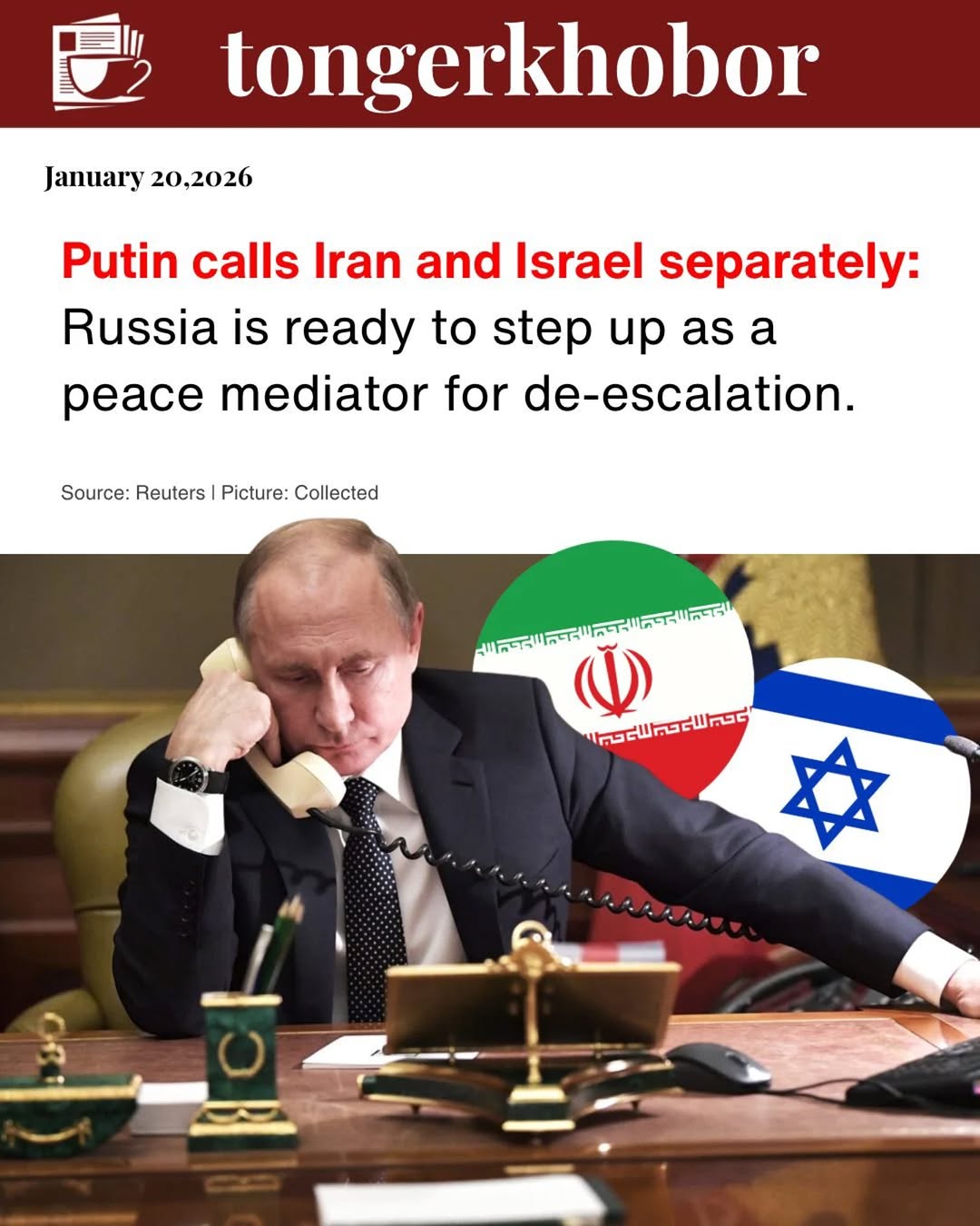 Russian President Vladimir Putin talked separately with Israeli PM Benjamin Mileikowsky Netanyahu and Iranian President Masoud Pezeshkian on Jan 16, 2...